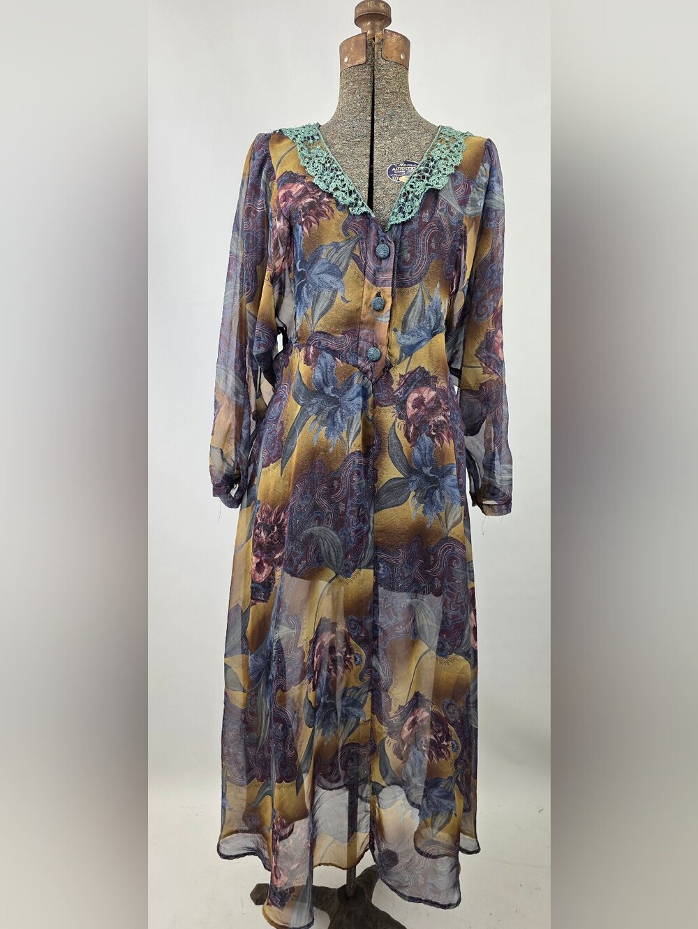 Zoe of California Vintage 90's Women's Floral Crochet Sheer Chiffon Midi Dress M